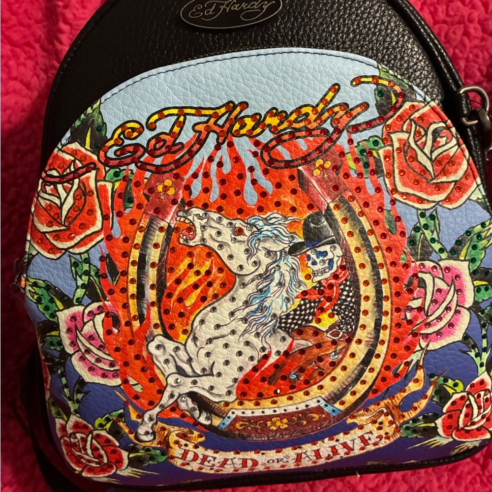 Ed Hardy Multicolor Rose & Horse Graphic Backpack